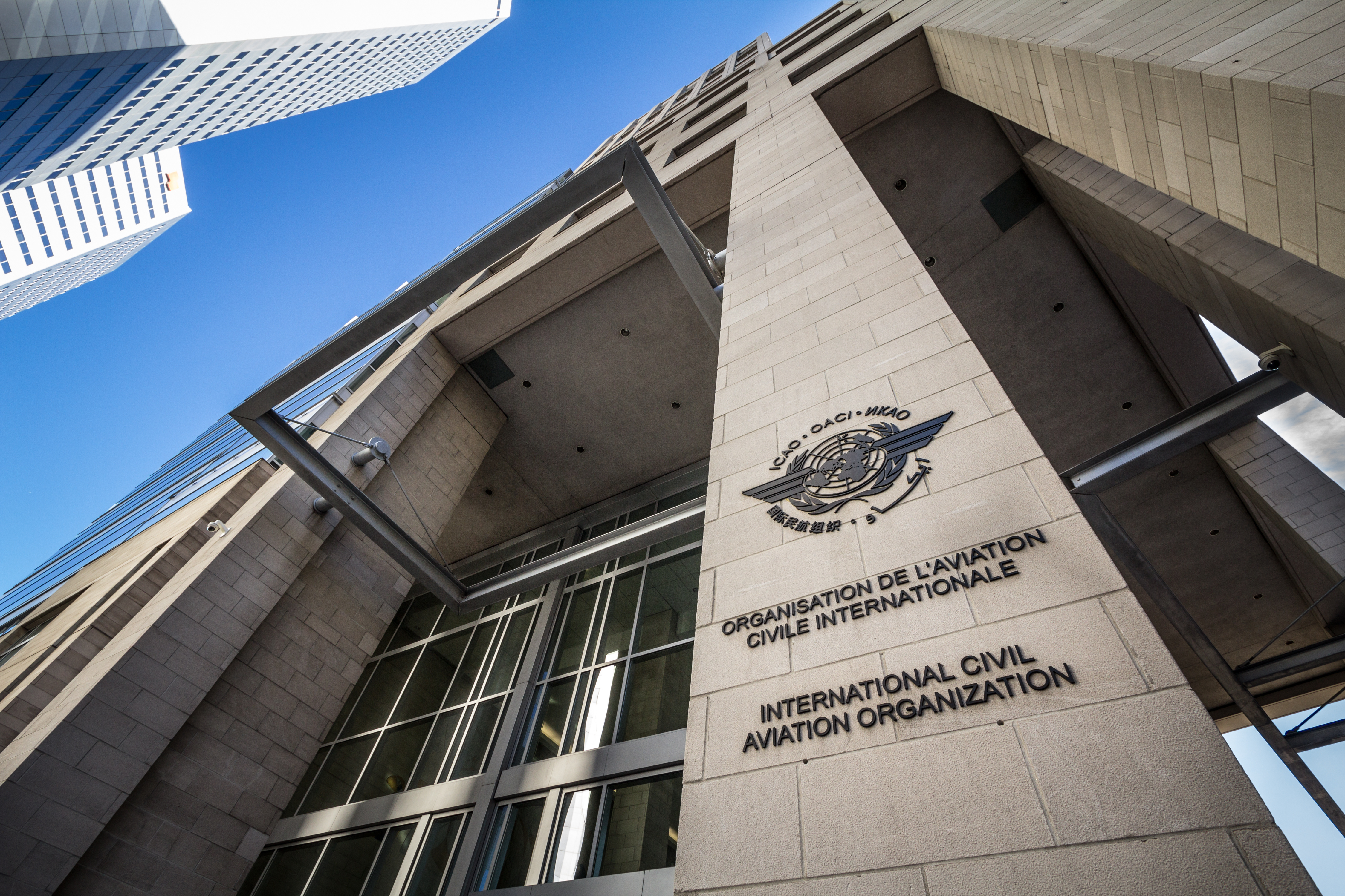 Logo of the international civil aviation organization, on their headquarters office in Montreal, Canada